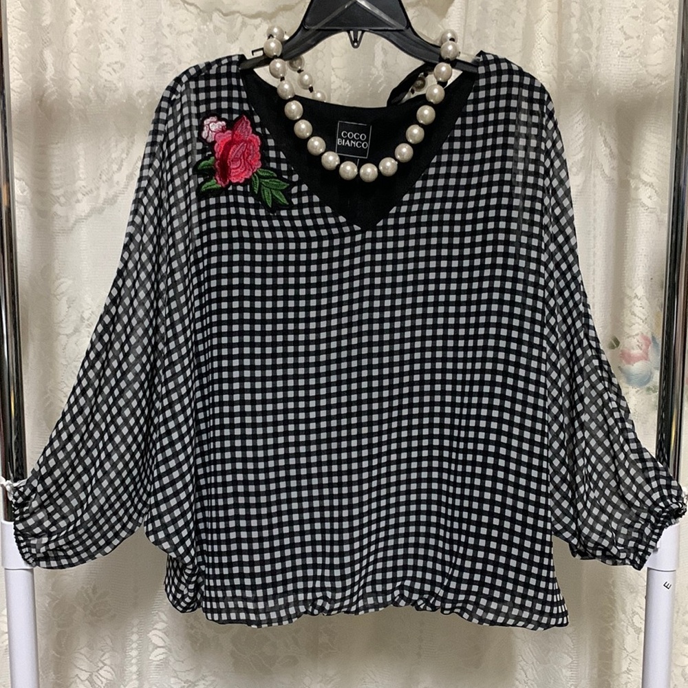 Coco Bianco Black & White Checkered Blouse with Red Rose Patch